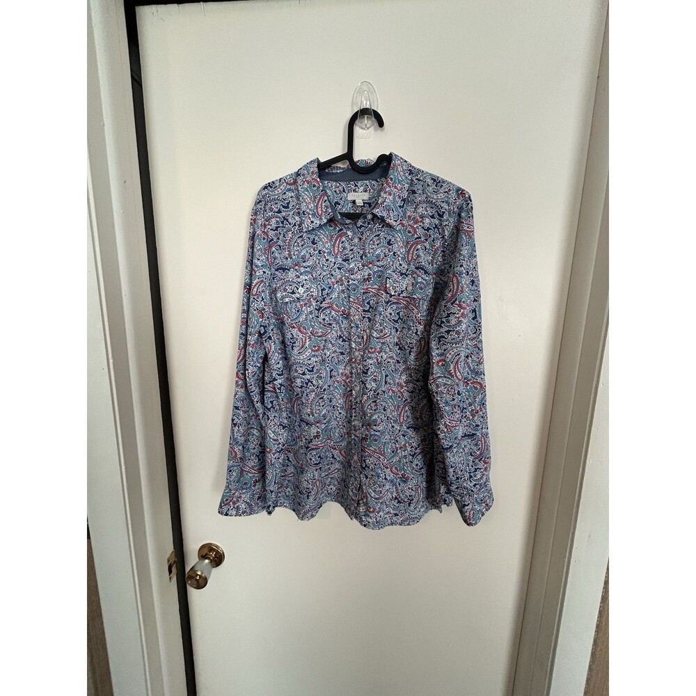 Talbots Button collared blouse Paisley blue Long Sleeve petite large women Boho